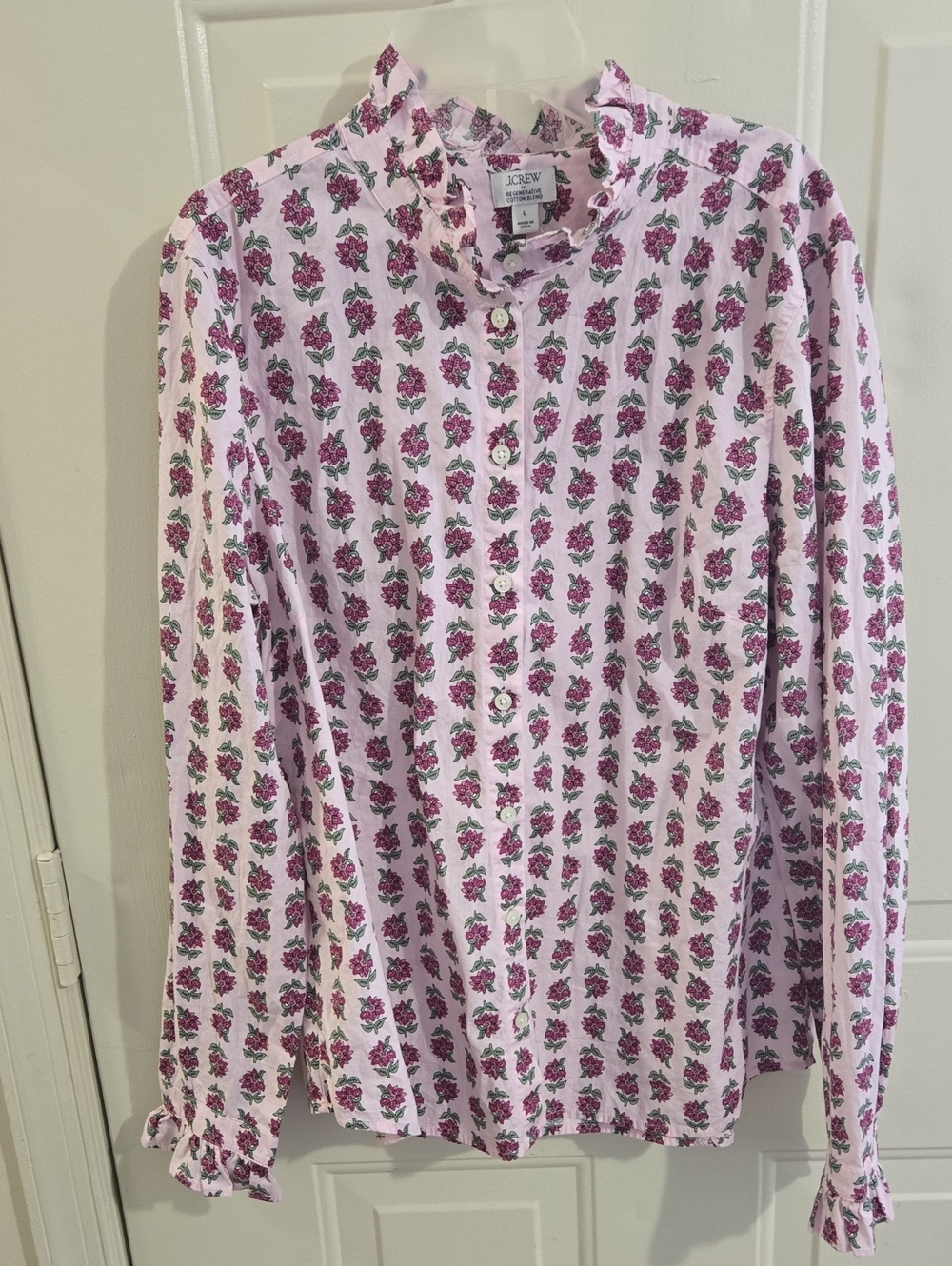 J. Crew Pink Floral Ruffle Collar Cuff Button Down Blouse L Romantic Cottagecore